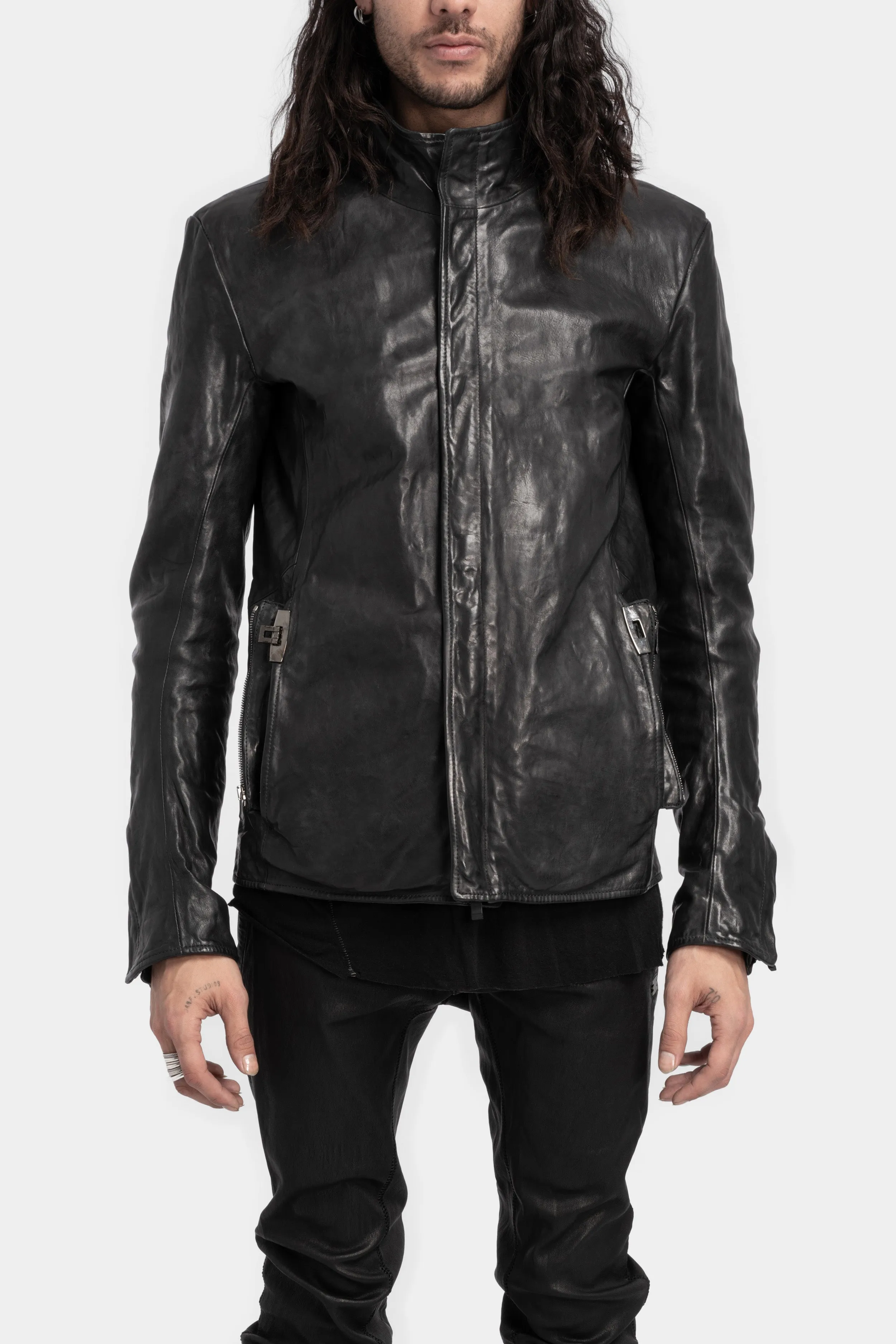 Standing collar double pocket leather jacket