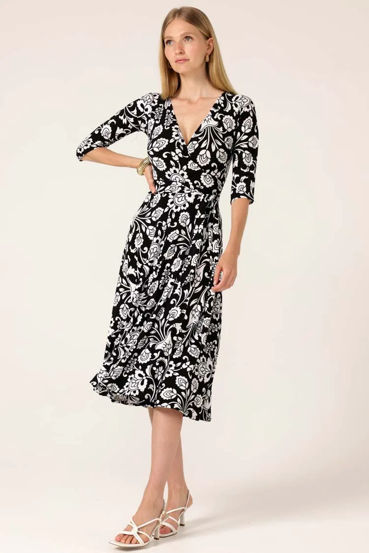 Starling Reverse Wrap Dress in B/W Flower