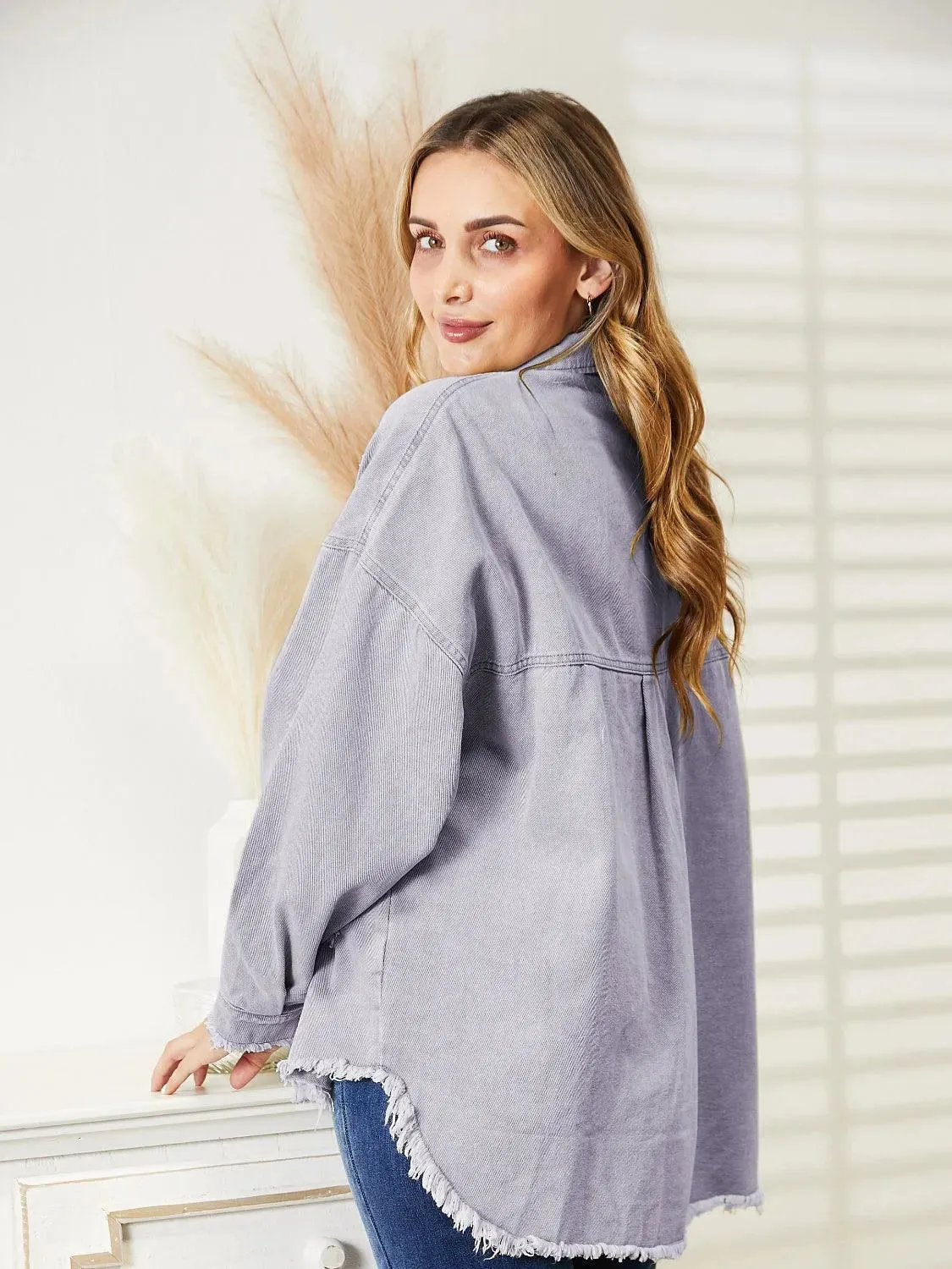 Stay Stylish with Women's Distressed Raw Hem Denim Jacket