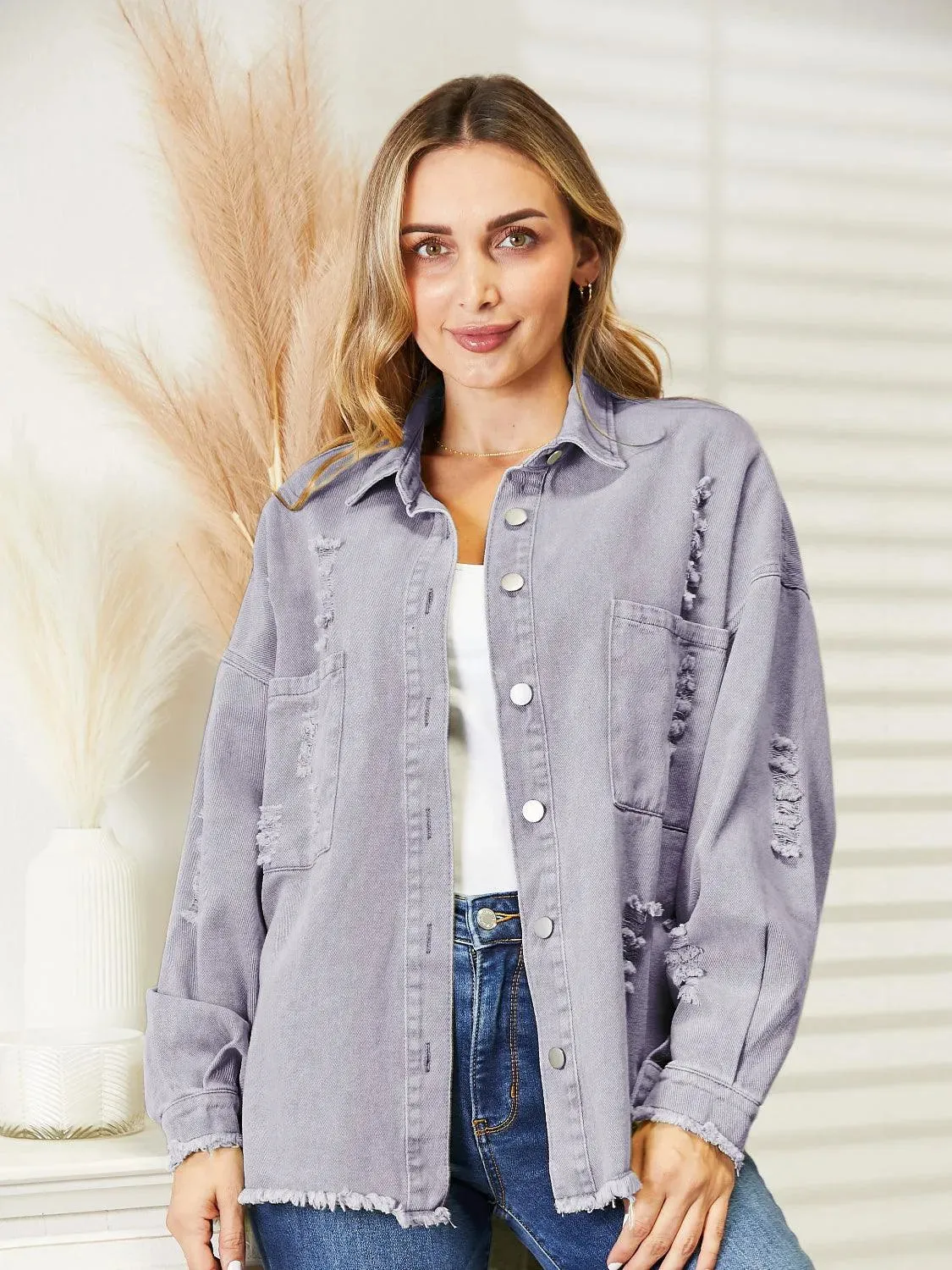 Stay Stylish with Women's Distressed Raw Hem Denim Jacket