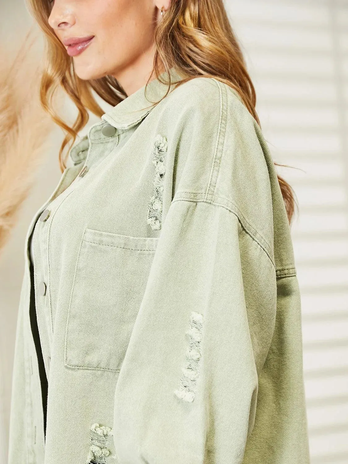 Stay Stylish with Women's Distressed Raw Hem Denim Jacket