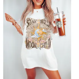 Stay Wild Moon Child Comfort Colors® T-Shirt, T-Shirt Dress, Boho Hippie Celestial Design,  Oversized Print Spring or Summer T-Shirt