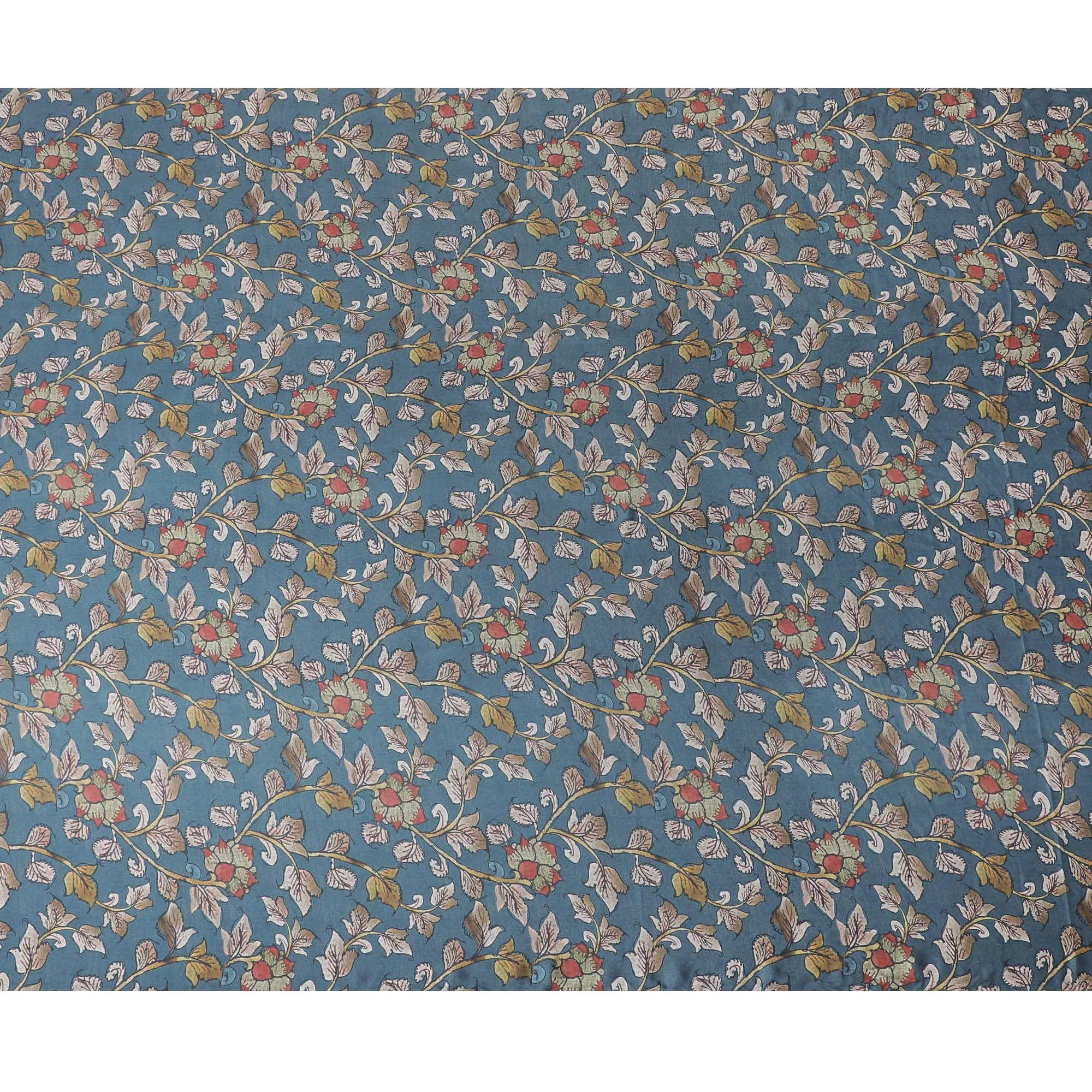 Steel grey synthetic modal satin fabric with multicolor print in floral design-D15016