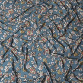 Steel grey synthetic modal satin fabric with multicolor print in floral design-D15016