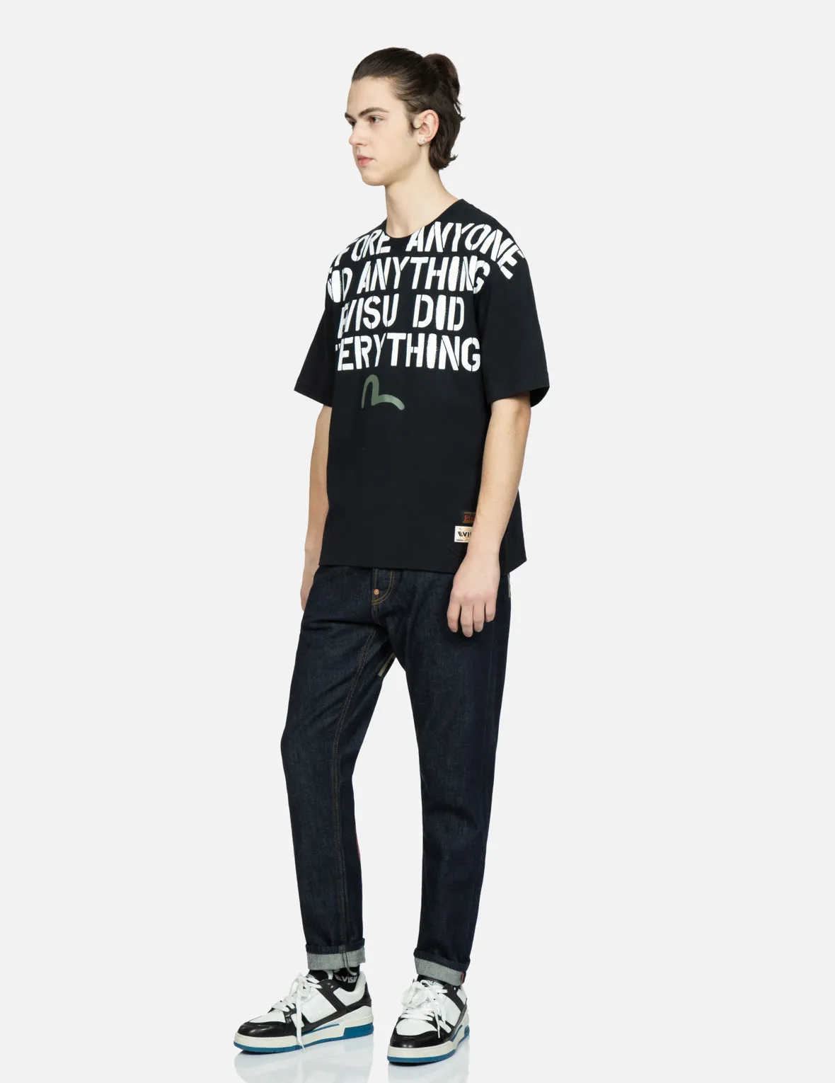 Stencil Slogan and Layered Daicock Print Carrot-Fit Jeans #2017