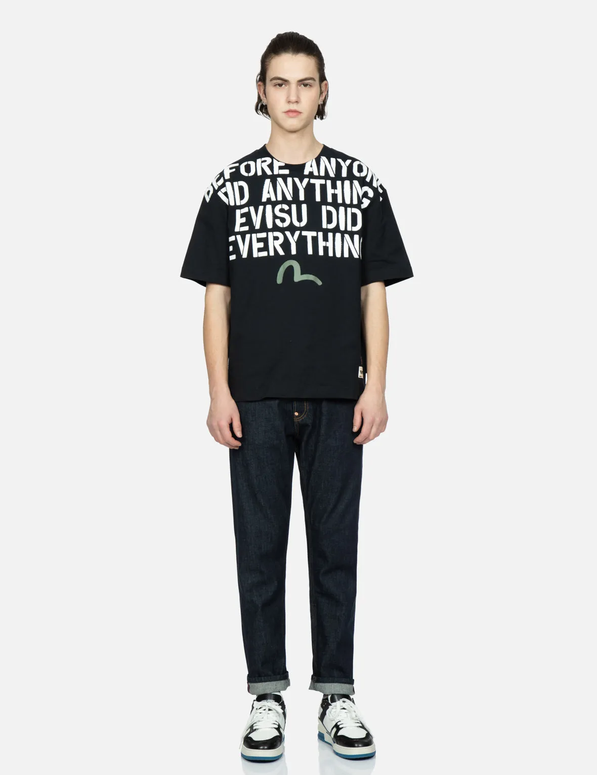 Stencil Slogan and Layered Daicock Print Carrot-Fit Jeans #2017