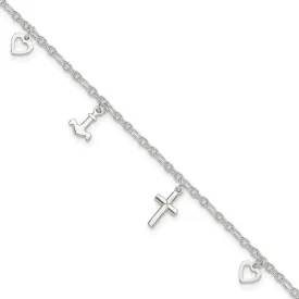 Sterling Silver Cross Heart and Anchor 9in Plus 1in ext Anklet