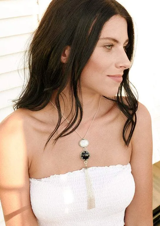 Sterling Silver long statement necklace sterling silver tassel chains hanging from a lab created howlite and onyx stones