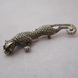 Sterling Silver Marcasite Panther Brooch With Ruby Eyes Vintage Mid Century c1960