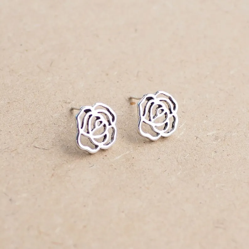 Sterling Silver Open Rose Stud Earrings