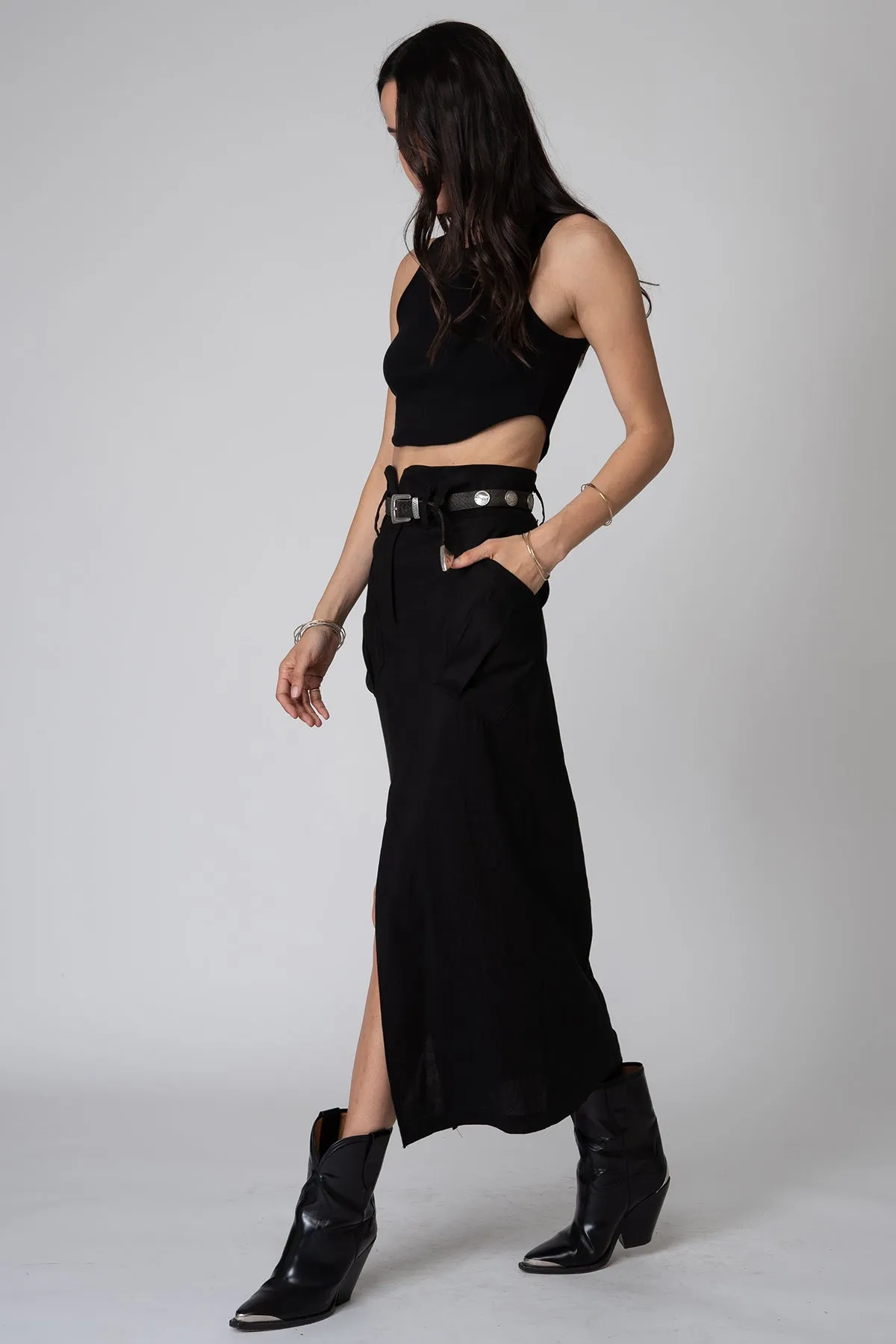 Stillwater Stretch Linen Cargo Knotch Waist Maxi Skirt in Black