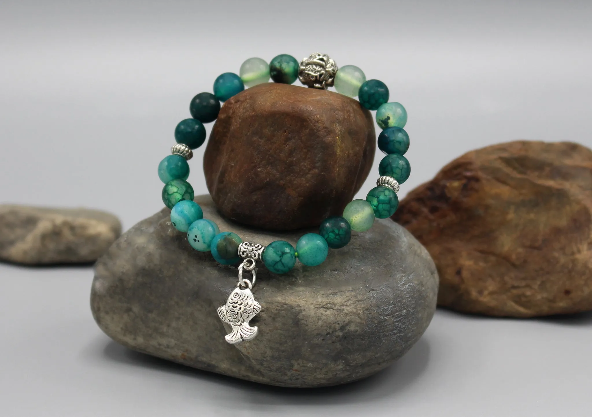 Stone Beaded Women's Bracelet with Fish Charm