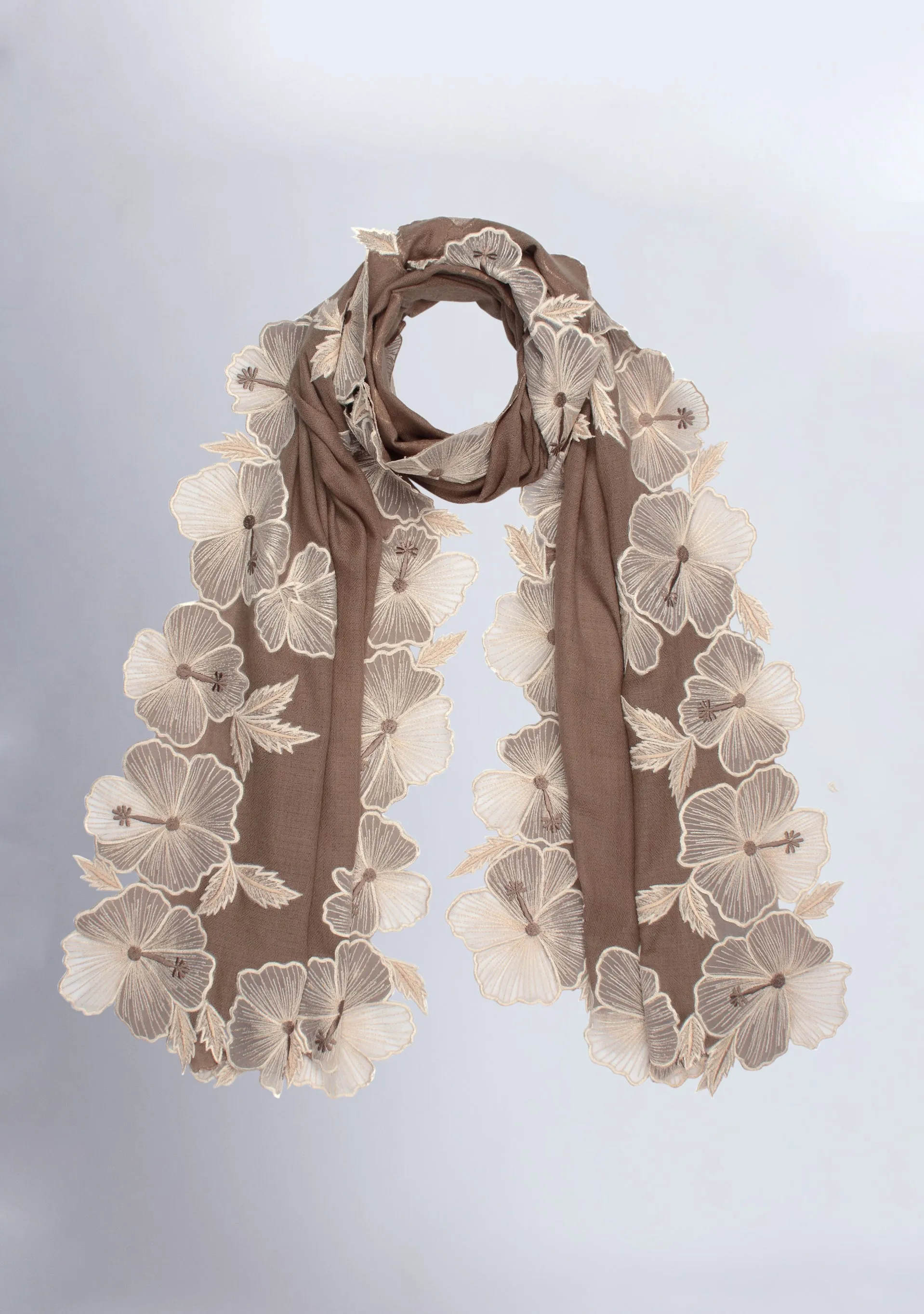 Stone Cashmere Scarf with Ivory Hibiscus Floral Embroidery Border