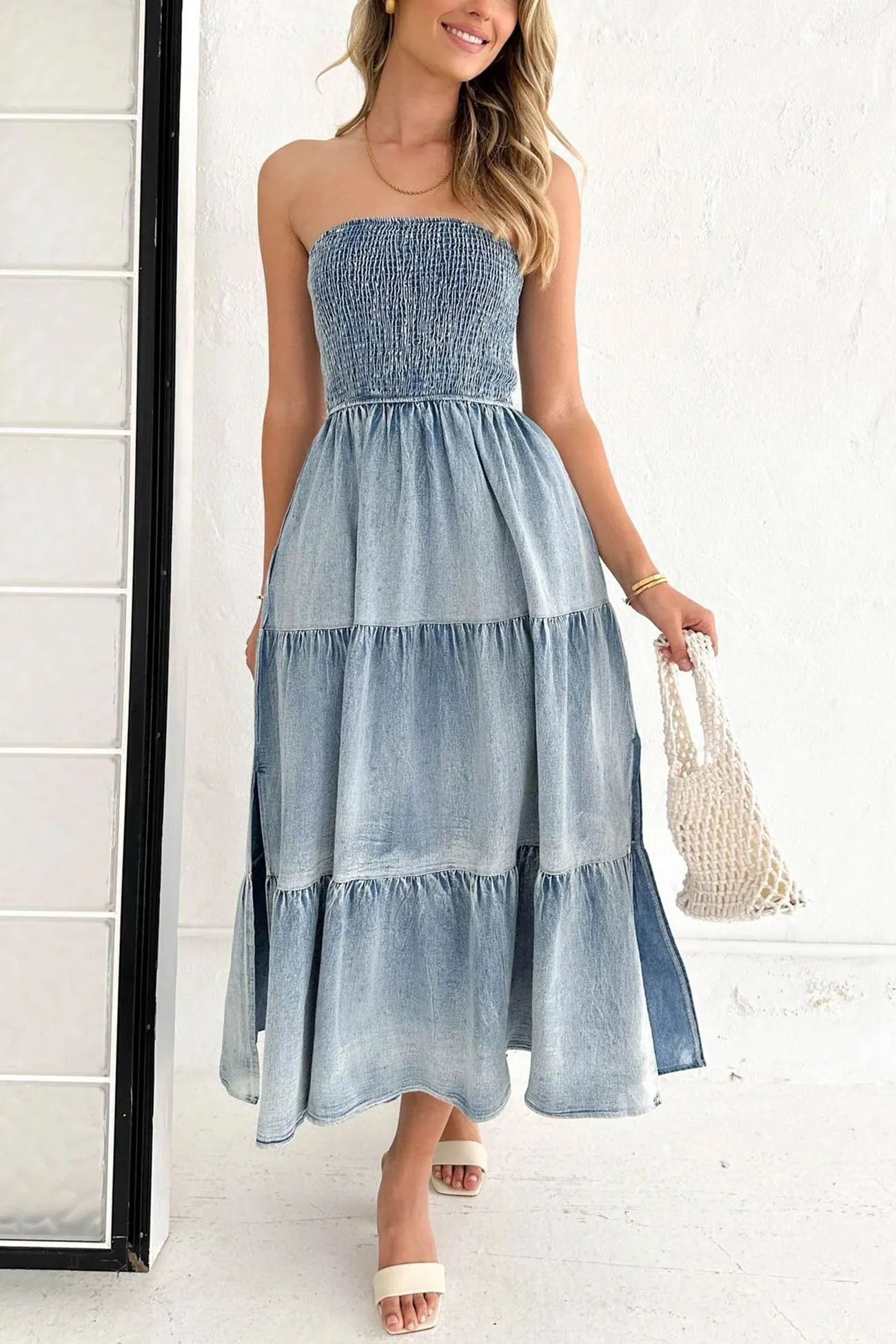 Strapless Tiered Slit Denim Dress