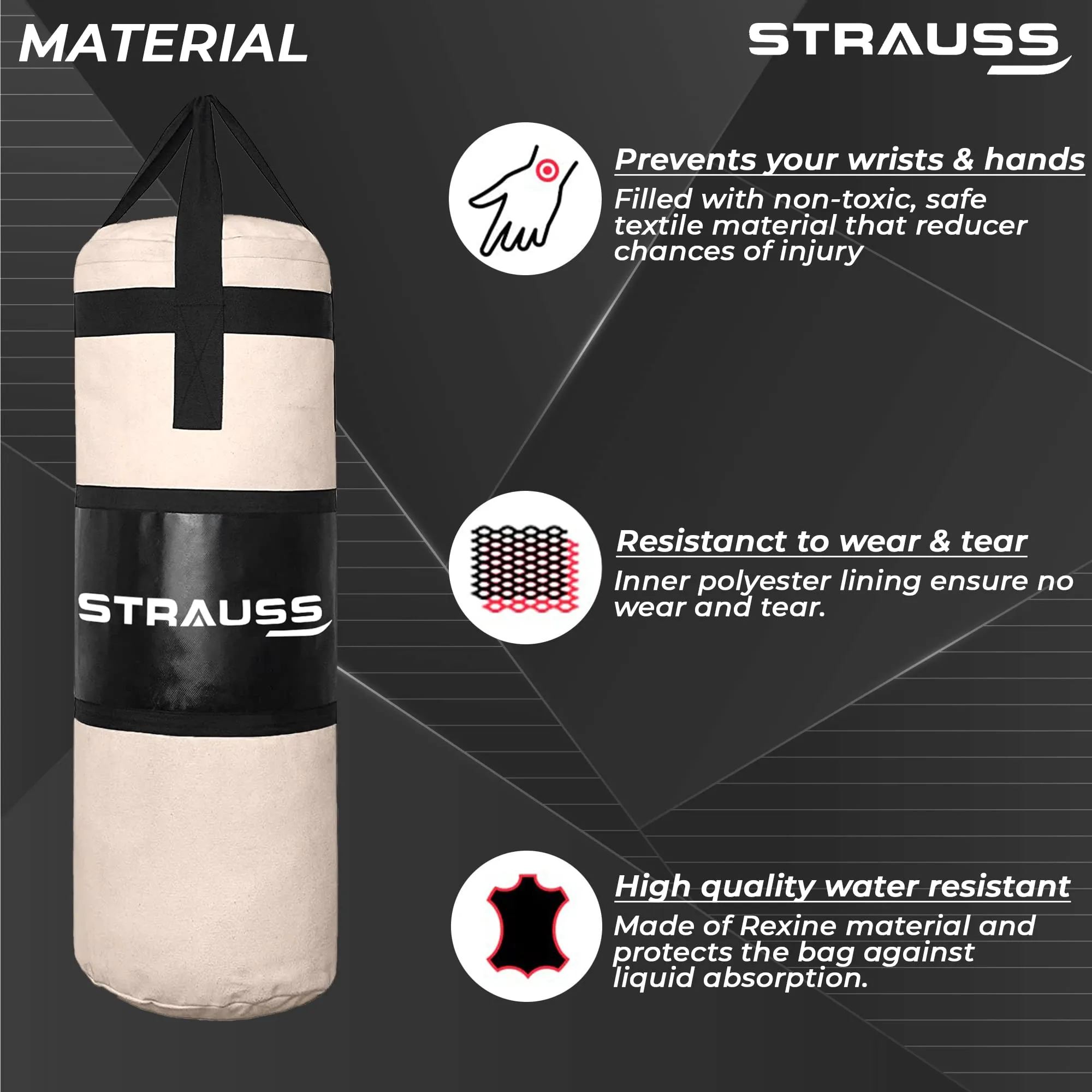 Strauss Canvas Heavy Duty Filled Gym Punching Bag|Hanging S Hook, Zippered Top Head Closure,Heavy Straps|Ideal for Boxing, MMA,Muay Thai|Boxing Bag for Home Gym & Fitness Training|3 Feet,(Cream/Black)