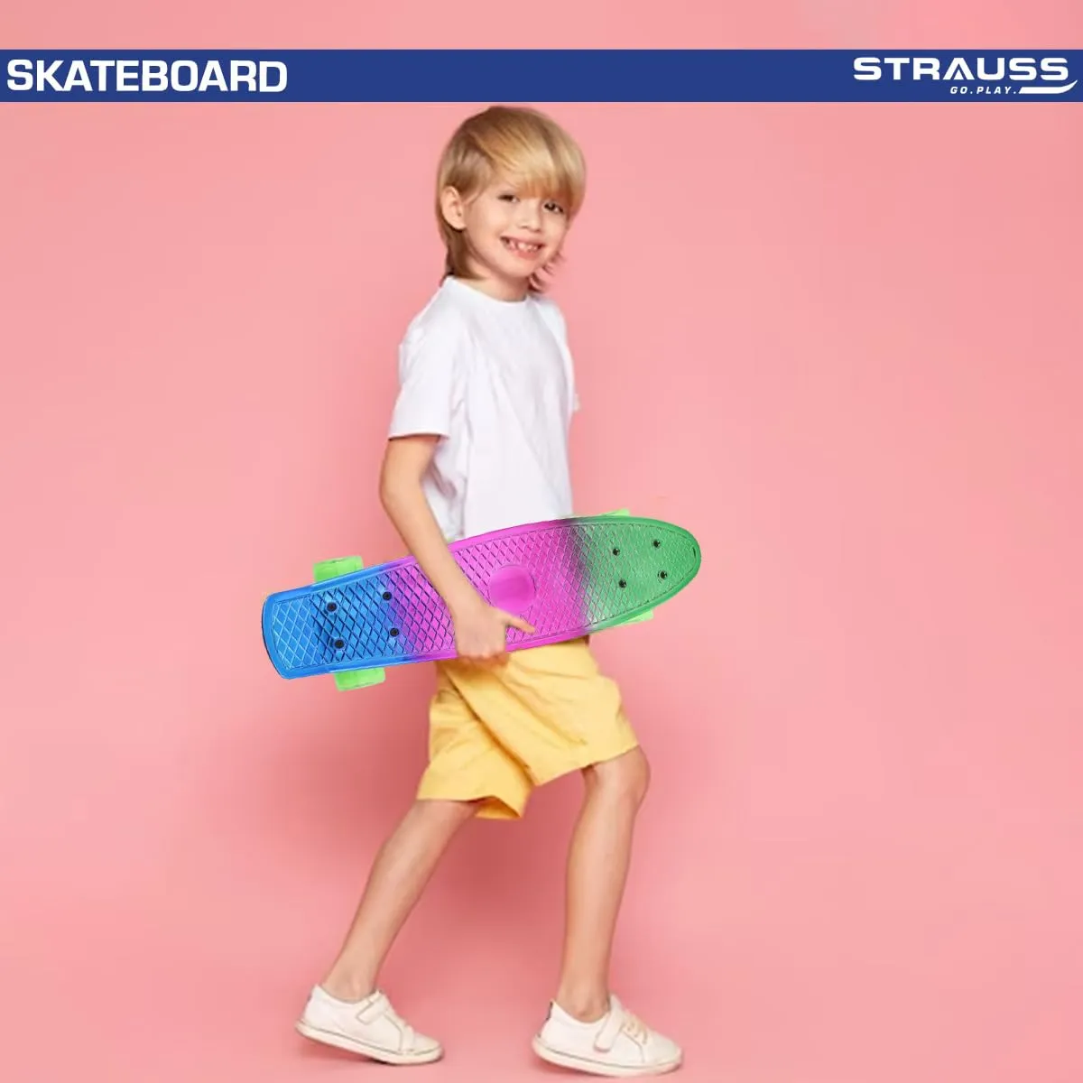 STRAUSS Cruiser Skateboard| Penny Skateboard | Casterboard | Hoverboard | Anti-Skid Board with ABEC-7 High Precision Bearings | Ideal for 8 Years and Above | 22 X 6 Inch,(Green,Pink,Blue)