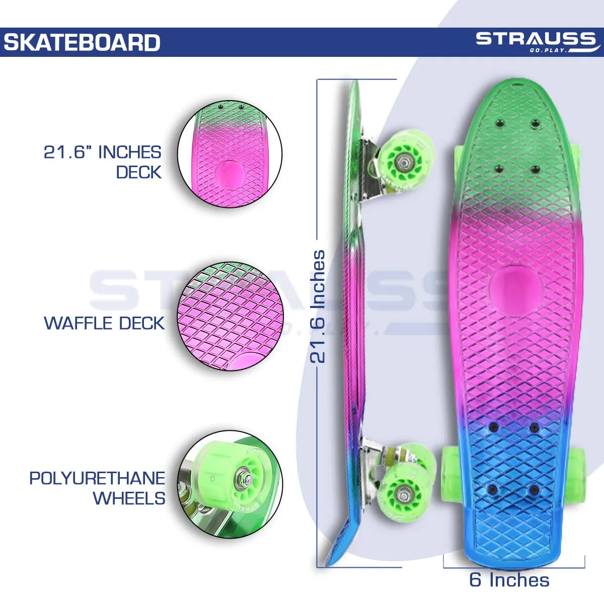 STRAUSS Cruiser Skateboard| Penny Skateboard | Casterboard | Hoverboard | Anti-Skid Board with ABEC-7 High Precision Bearings | Ideal for 8 Years and Above | 22 X 6 Inch,(Green,Pink,Blue)