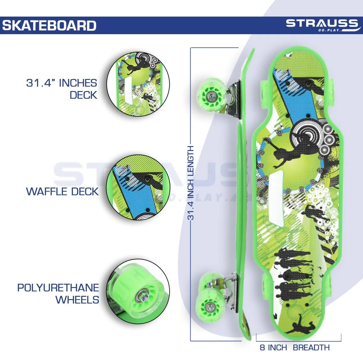 STRAUSS Cruiser Skateboard| Penny Skateboard | Casterboard | Hoverboard | Anti-Skid Board with High Precision Bearings | Wheels with Light |Ideal for 8 Years and Above (31 X 8 Inch), (Vibrant Green)