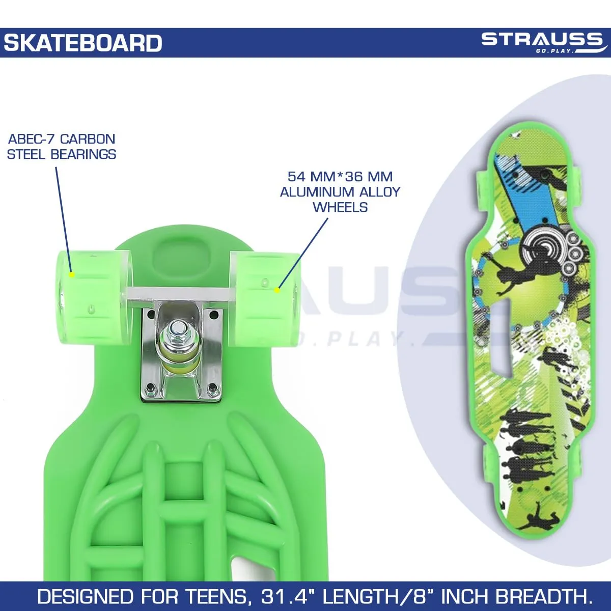 STRAUSS Cruiser Skateboard| Penny Skateboard | Casterboard | Hoverboard | Anti-Skid Board with High Precision Bearings | Wheels with Light |Ideal for 8 Years and Above (31 X 8 Inch), (Vibrant Green)