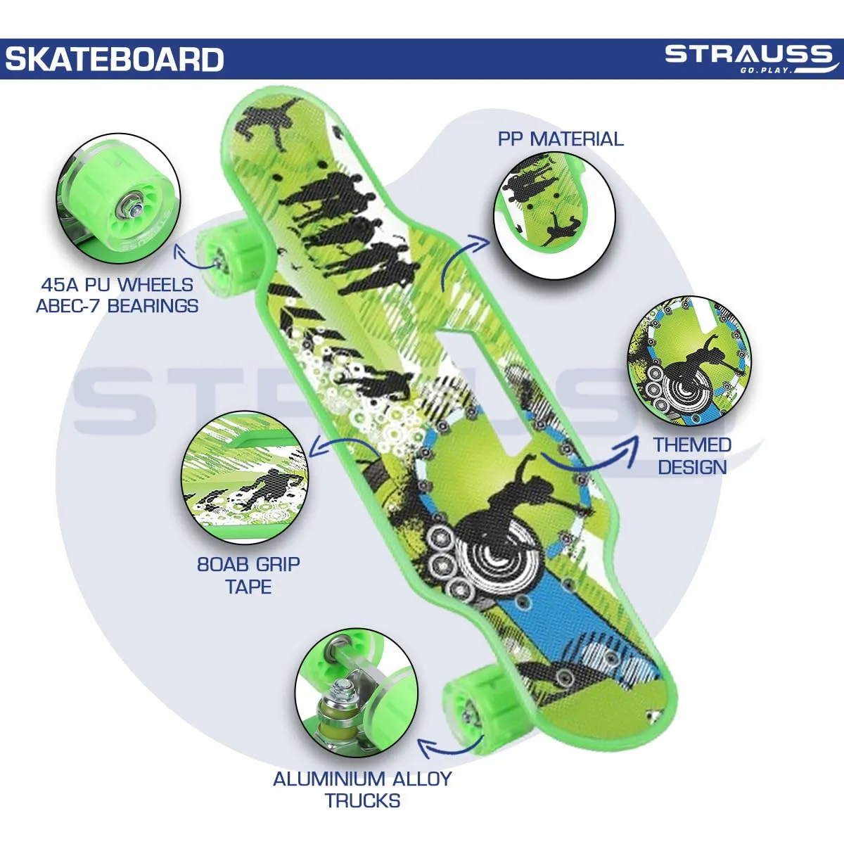 STRAUSS Cruiser Skateboard| Penny Skateboard | Casterboard | Hoverboard | Anti-Skid Board with High Precision Bearings | Wheels with Light |Ideal for 8 Years and Above (31 X 8 Inch), (Vibrant Green)