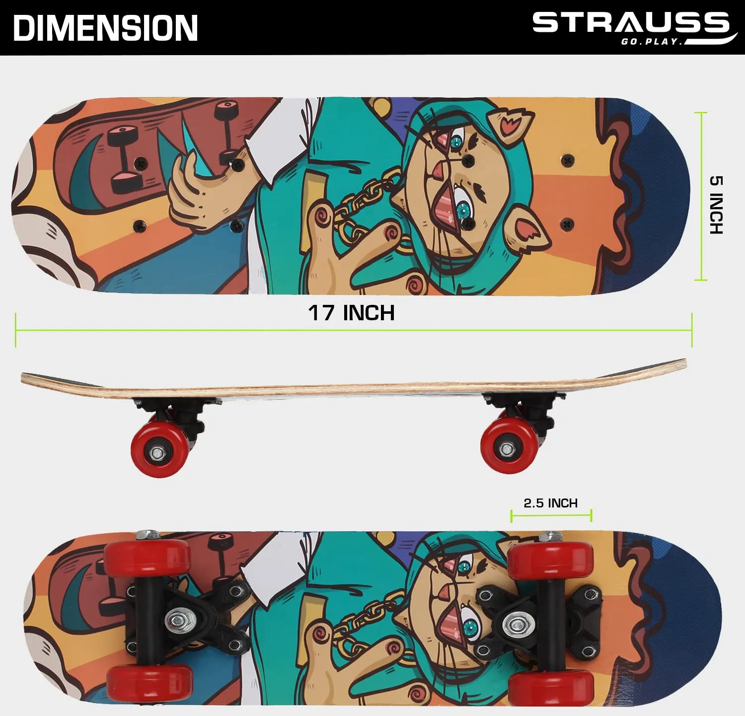 Strauss Kids Skateboard (Cat Girl) | 43 CM Maple Wood Skateboard for Kids Upto 5 Years | Recommended for Boys and Girls | Beginner