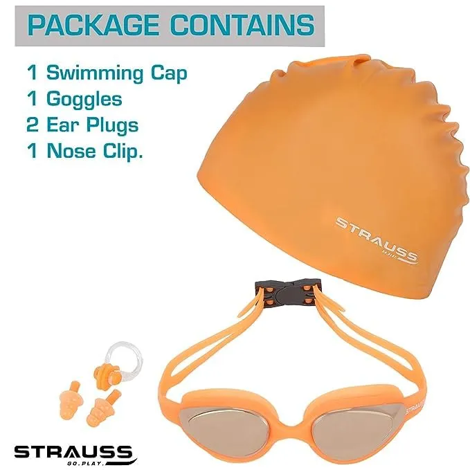 STRAUSS Swimming Goggles Set with UV and Anti Fog Protection | Swimming Kit of Goggles,Cap,Earplug & Nose Plug Set - Ideal for All Age Group | Pack of 6