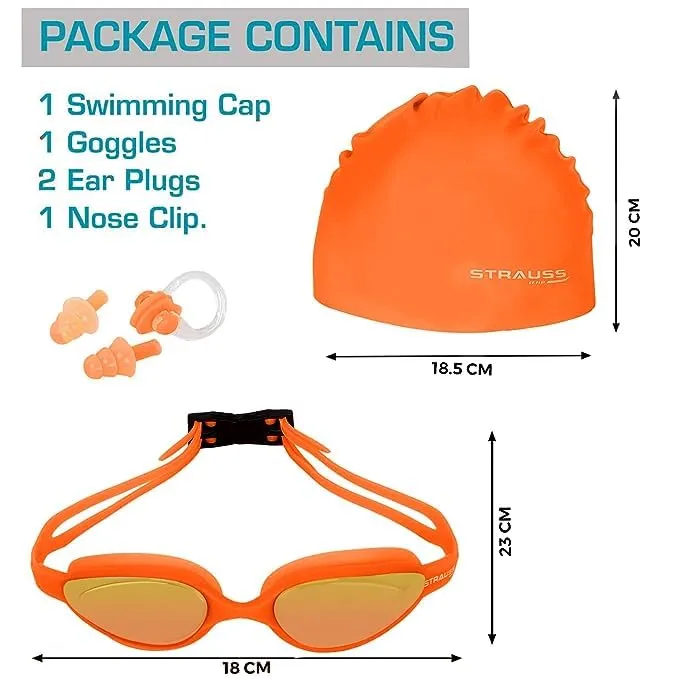 STRAUSS Swimming Goggles Set with UV and Anti Fog Protection | Swimming Kit of Goggles,Cap,Earplug & Nose Plug Set - Ideal for All Age Group | Pack of 6