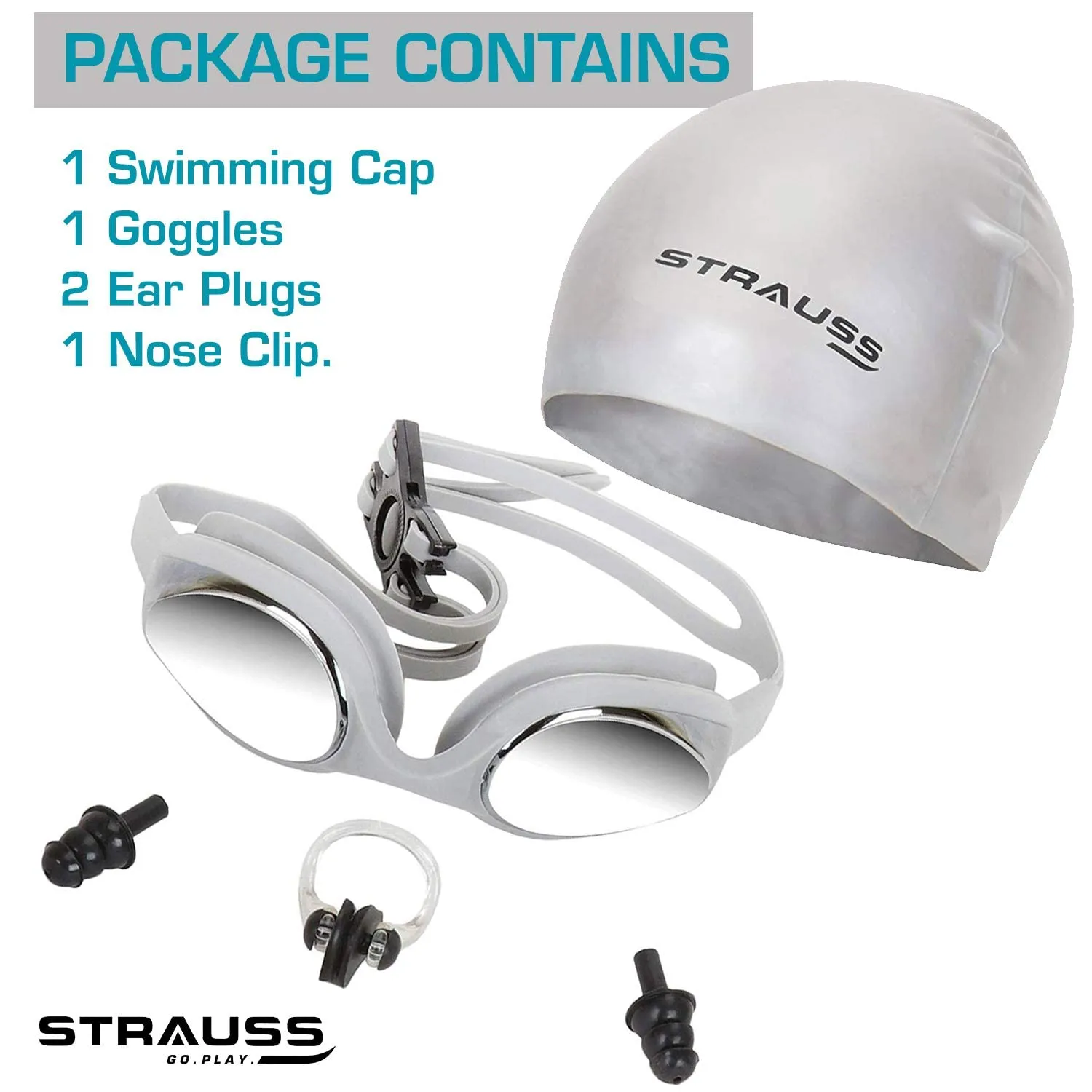 Strauss Swimming Kit (Silicone cap|Swimming Goggle|Earplugs|Noseplug) (Grey) (Pack of 2)