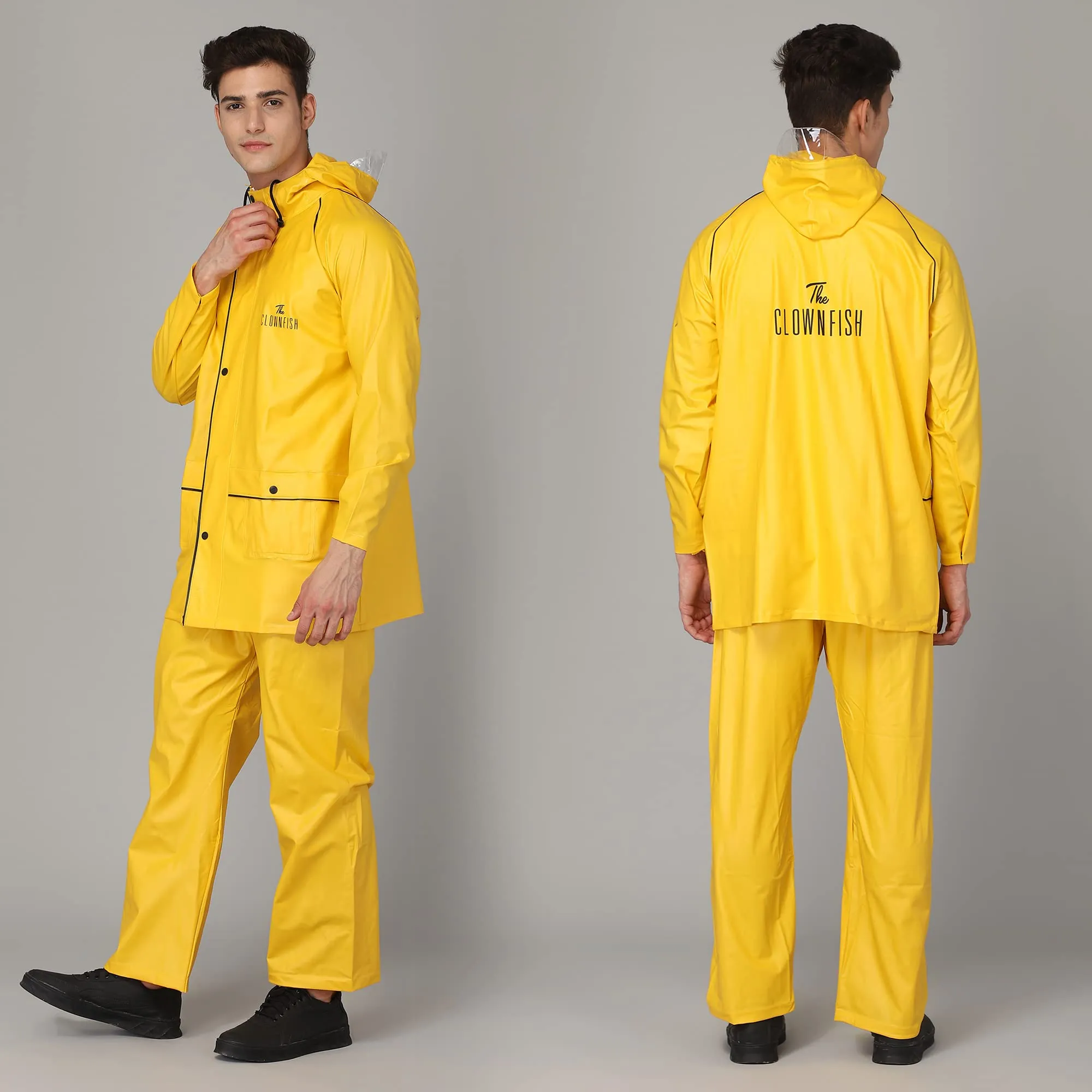 STRAUSS THE CLOWNFISH Roberto Series PVC Rain Coat for Men Waterproof for Bike with Hood Raincoat for Men. Set of Top &Bottom Packed in a matching Storage Bag (Yellow with black piping, XXX-Large)