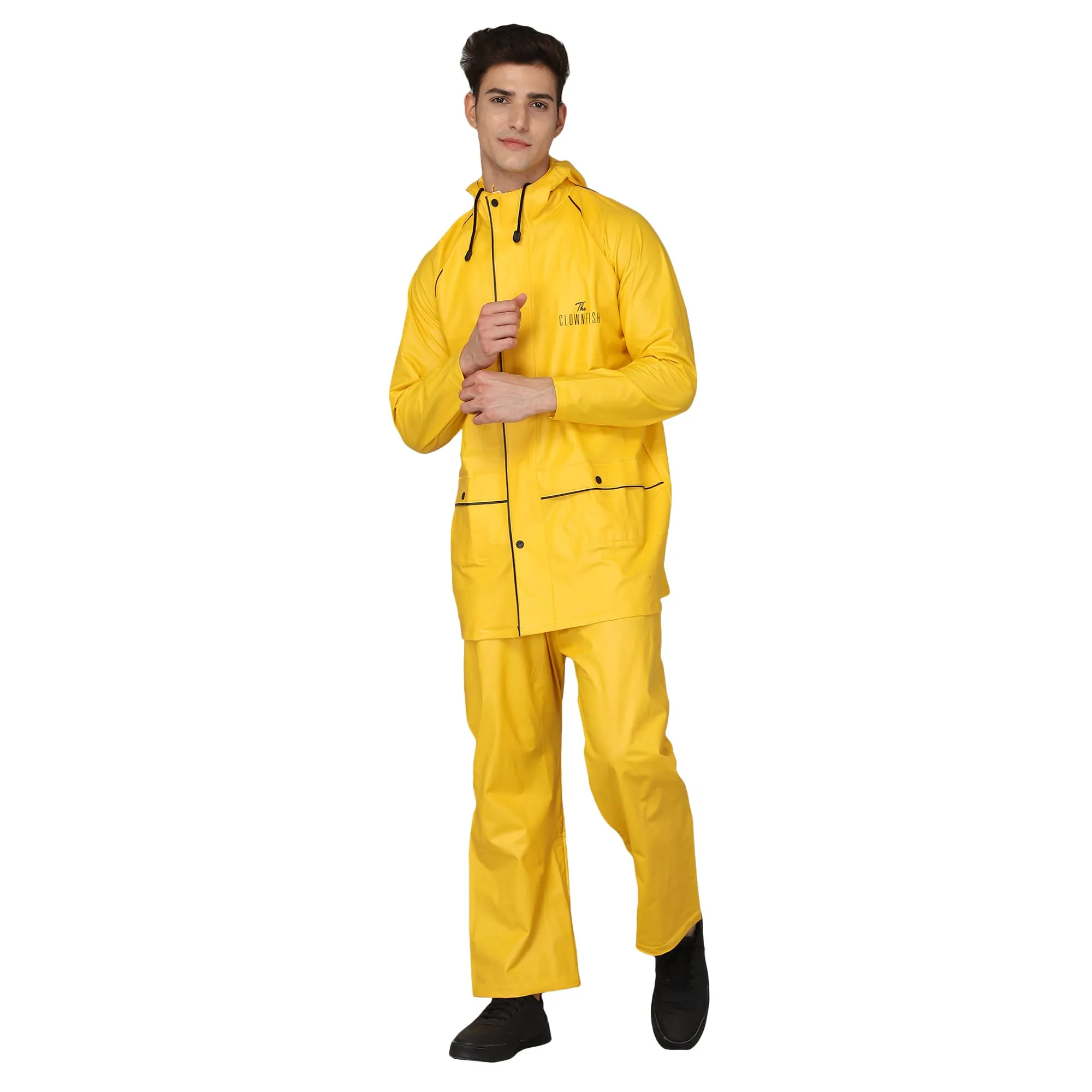 STRAUSS THE CLOWNFISH Roberto Series PVC Rain Coat for Men Waterproof for Bike with Hood Raincoat for Men. Set of Top &Bottom Packed in a matching Storage Bag (Yellow with black piping, XXX-Large)