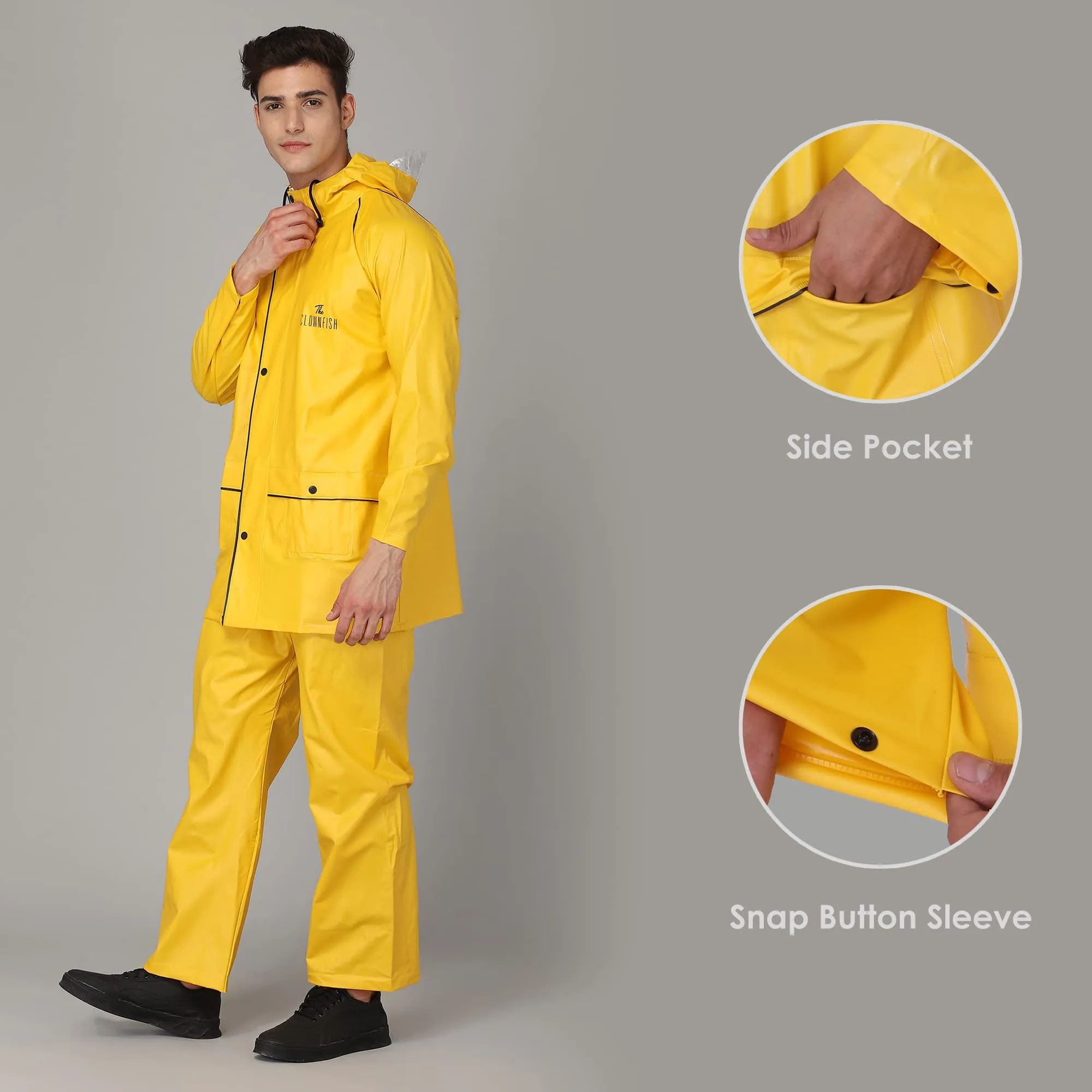 STRAUSS THE CLOWNFISH Roberto Series PVC Rain Coat for Men Waterproof for Bike with Hood Raincoat for Men. Set of Top &Bottom Packed in a matching Storage Bag (Yellow with black piping, XXX-Large)