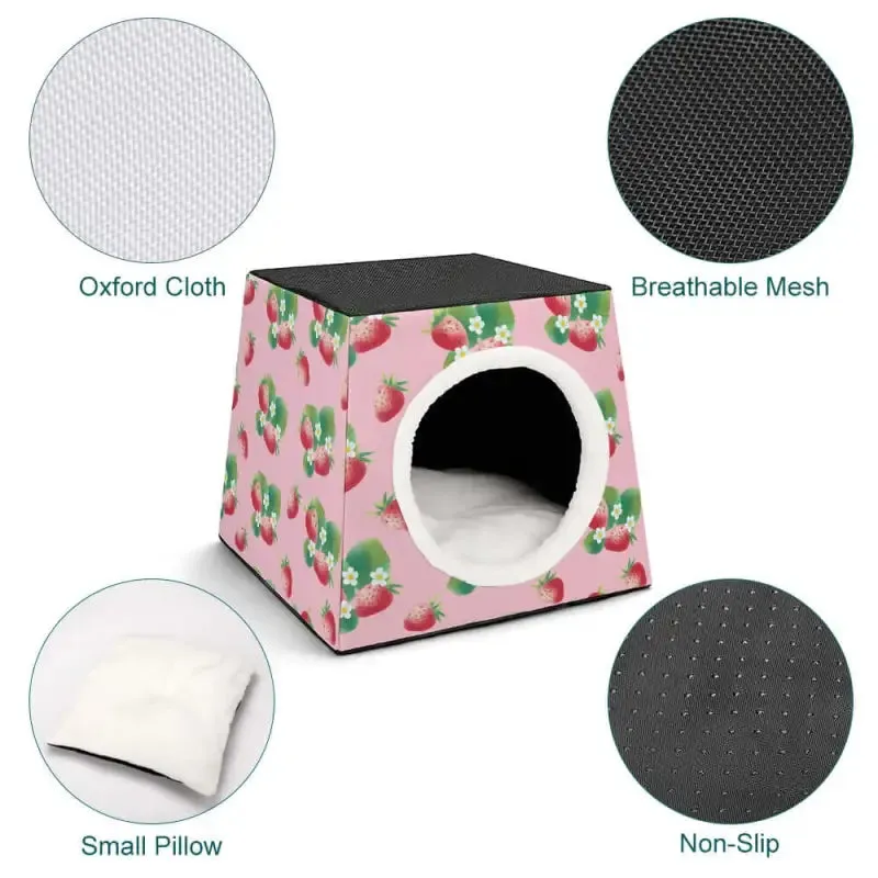 Strawberry Pet House Tent with Pink Floral Design and Convertible Options