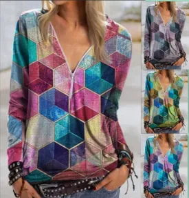 Street Hipsters Geometric Rubik's Cube Printing V-neck Zipper Shirt Long Sleeve T-shirt Women