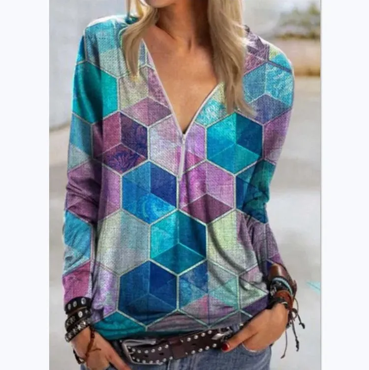 Street Hipsters Geometric Rubik's Cube Printing V-neck Zipper Shirt Long Sleeve T-shirt Women