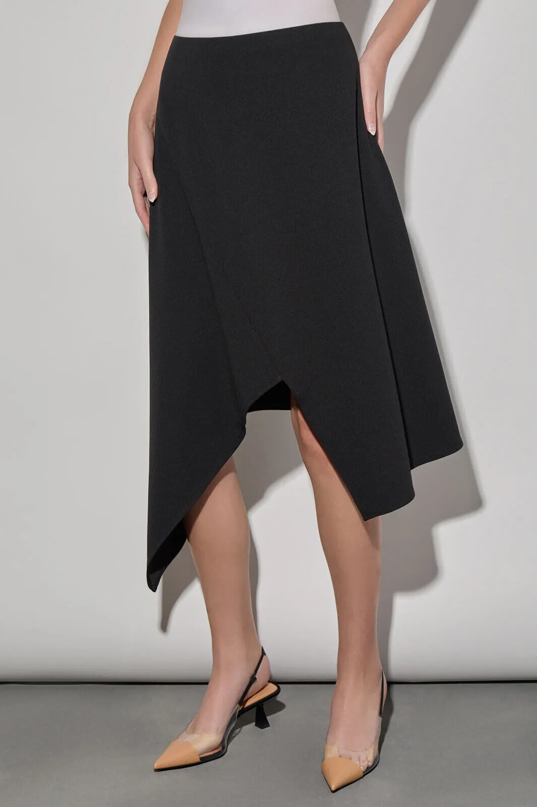 Stretch Deco Crepe Asymmetrical Hem Below-the-Knee Skirt