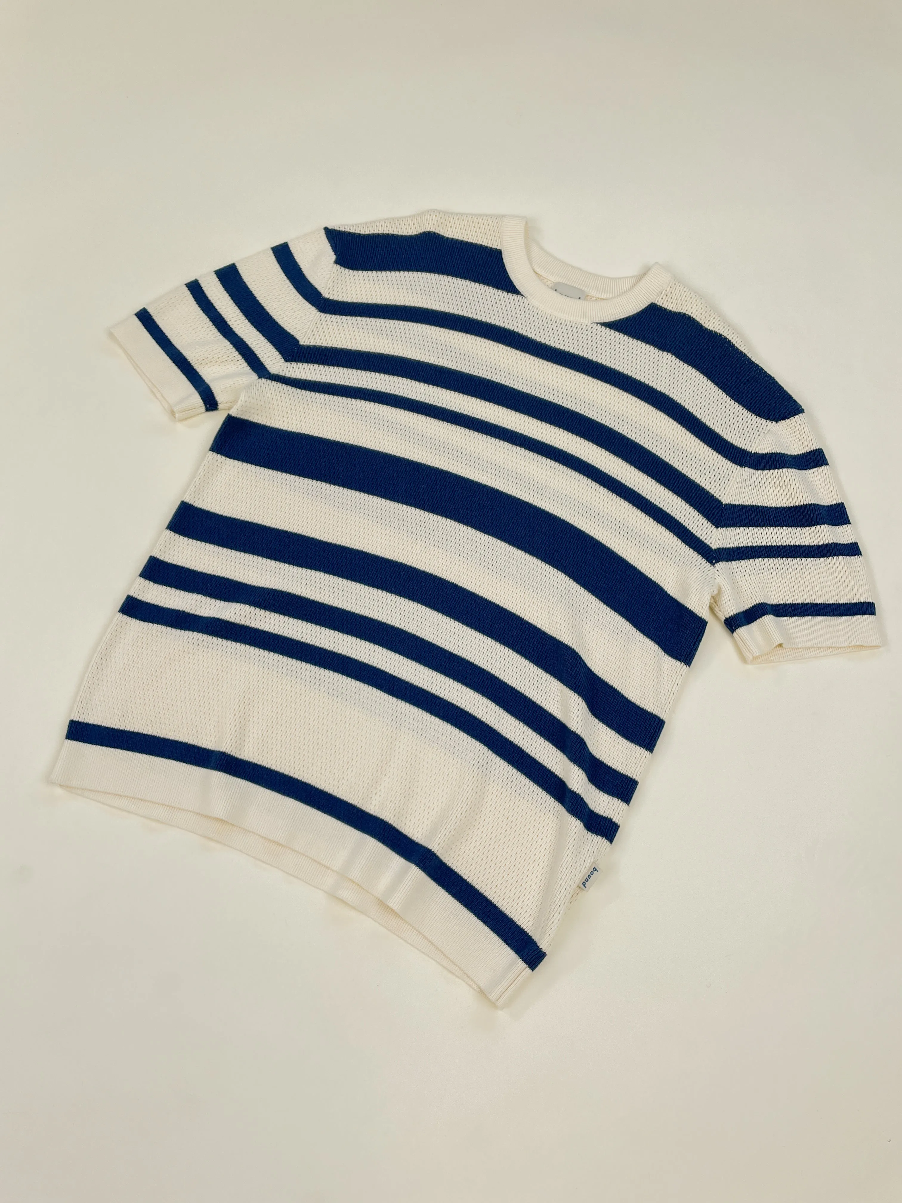 STRIPE CROCHET KNIT TEE - OXFORD & ECRU