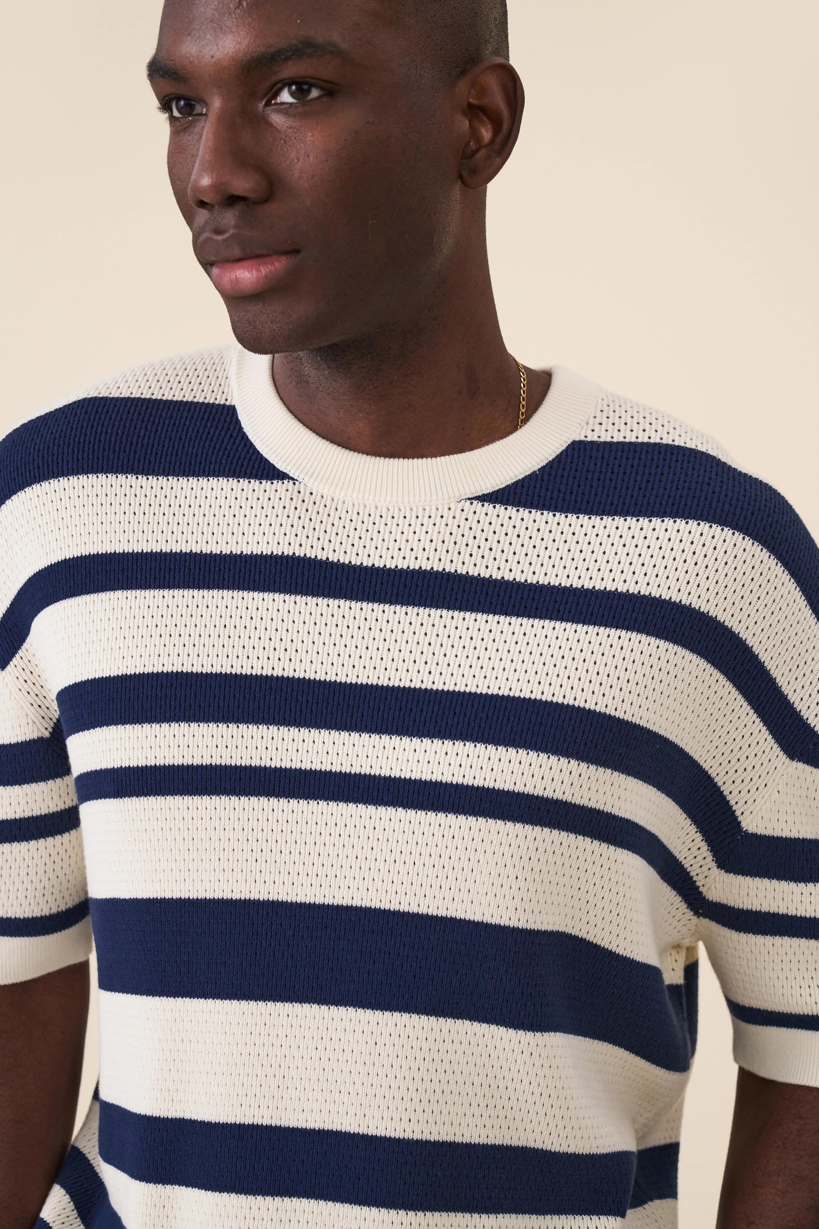 STRIPE CROCHET KNIT TEE - OXFORD & ECRU