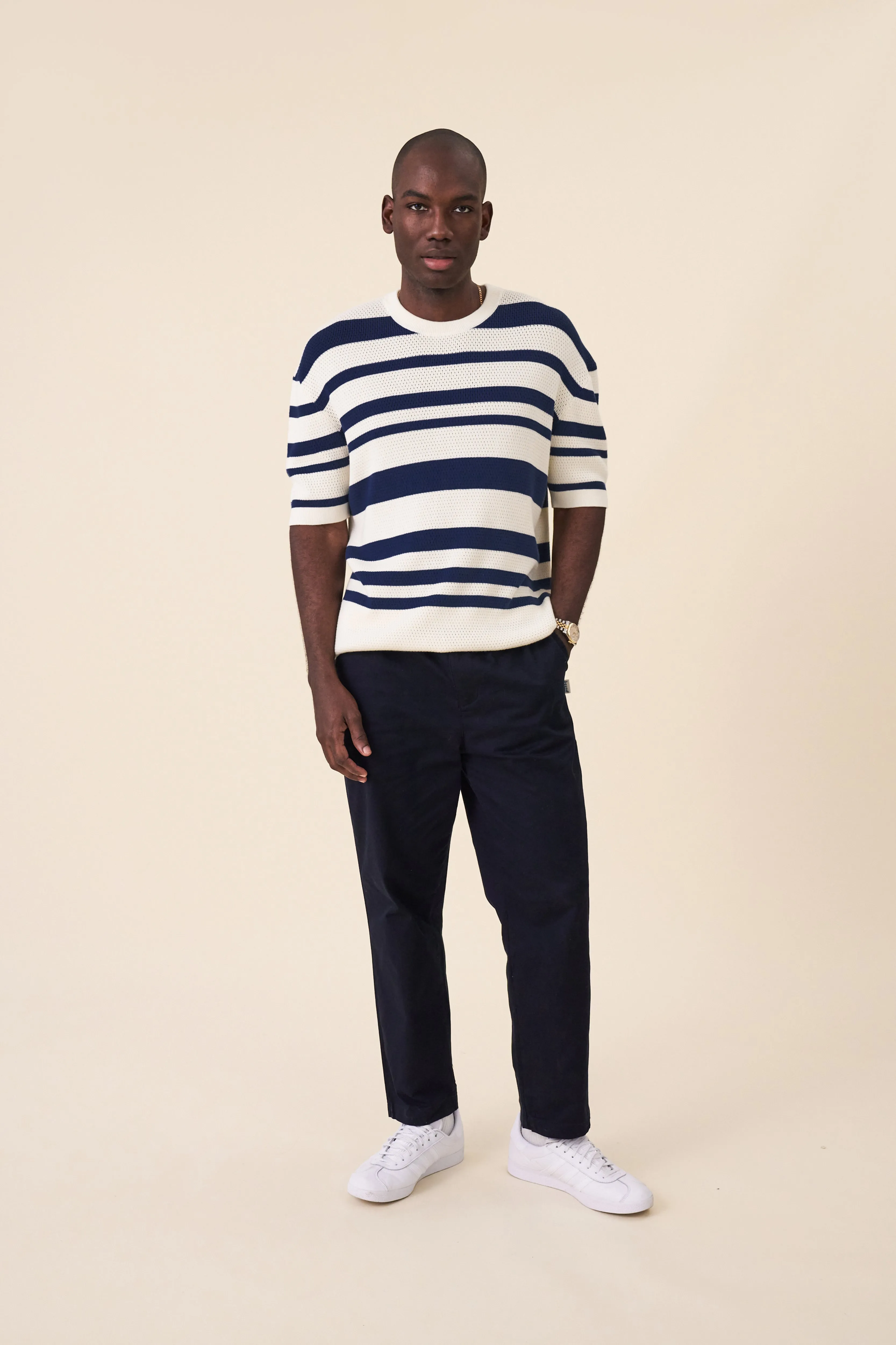 STRIPE CROCHET KNIT TEE - OXFORD & ECRU