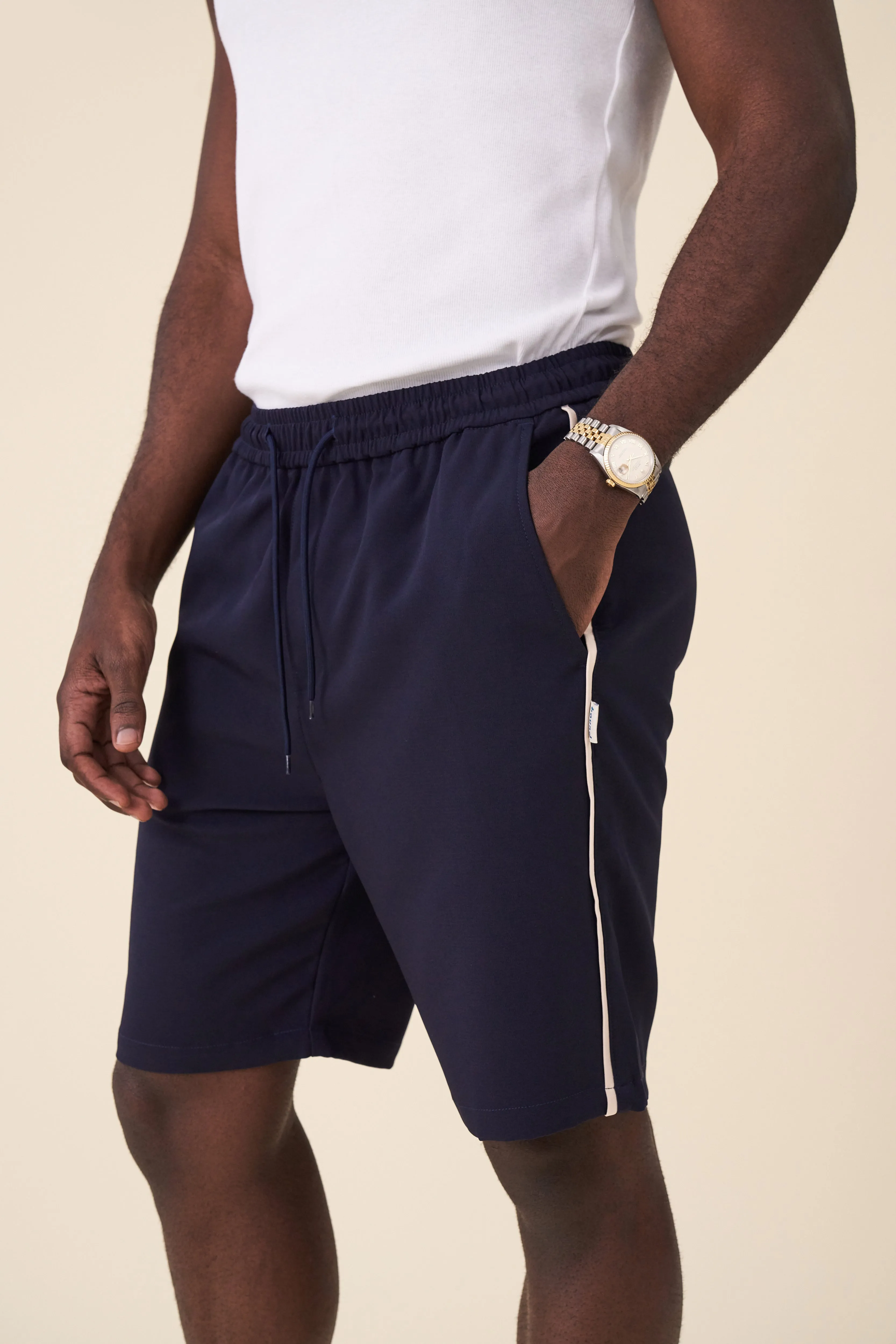 STRIPE TRACK SHORTS - NAVY / ECRU