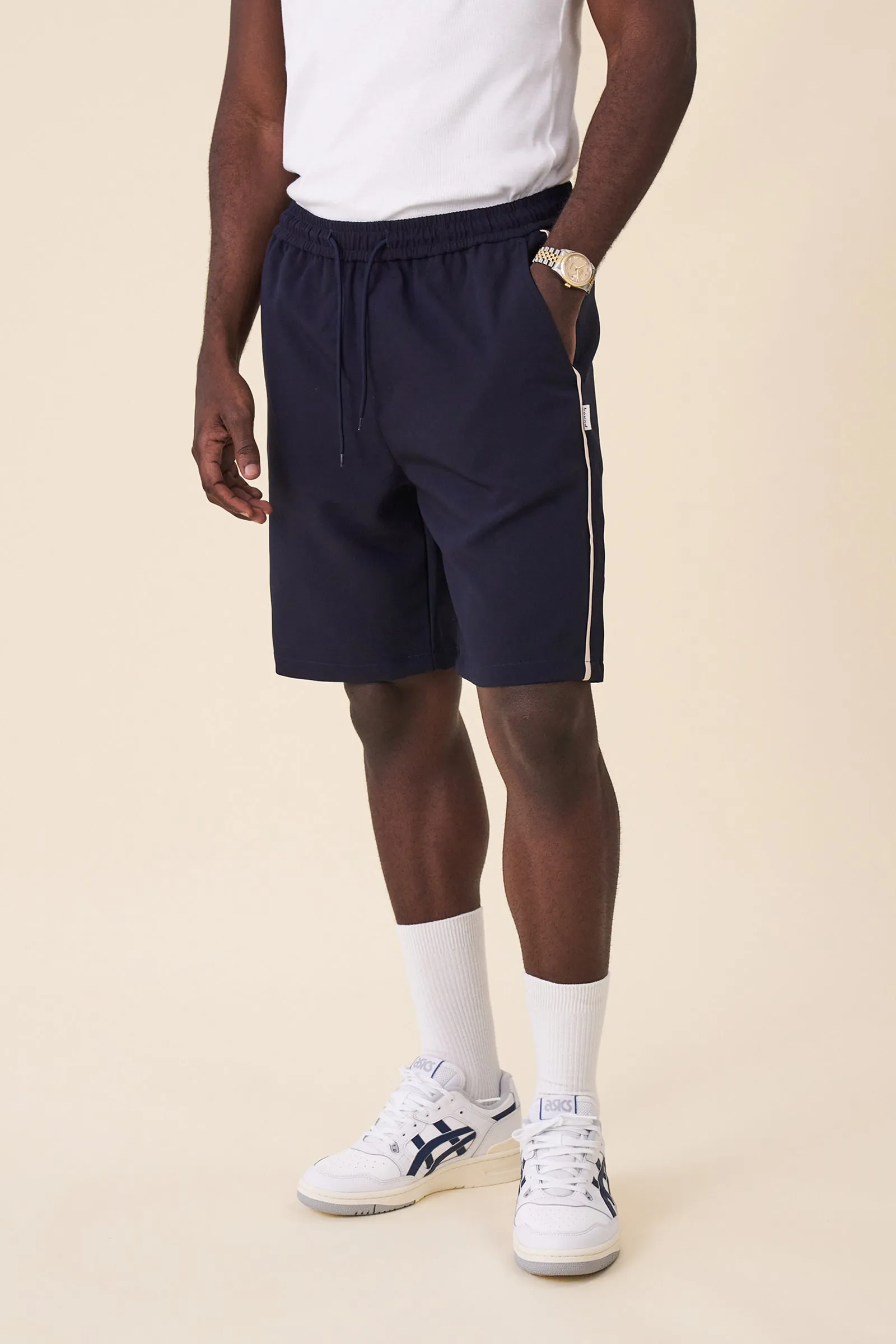 STRIPE TRACK SHORTS - NAVY / ECRU