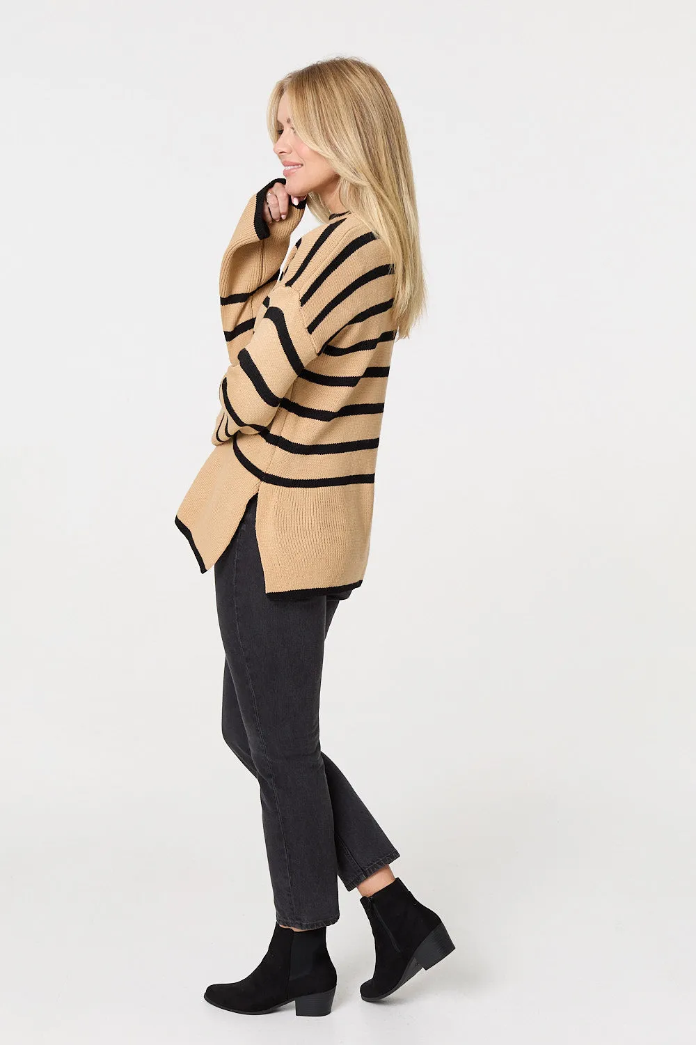 Striped Flare Sleeve Roll Neck Jumper