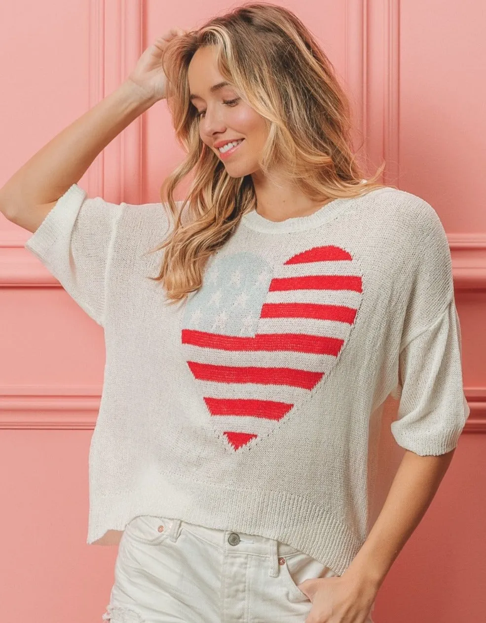 Striped Heart Contrast Knit Top