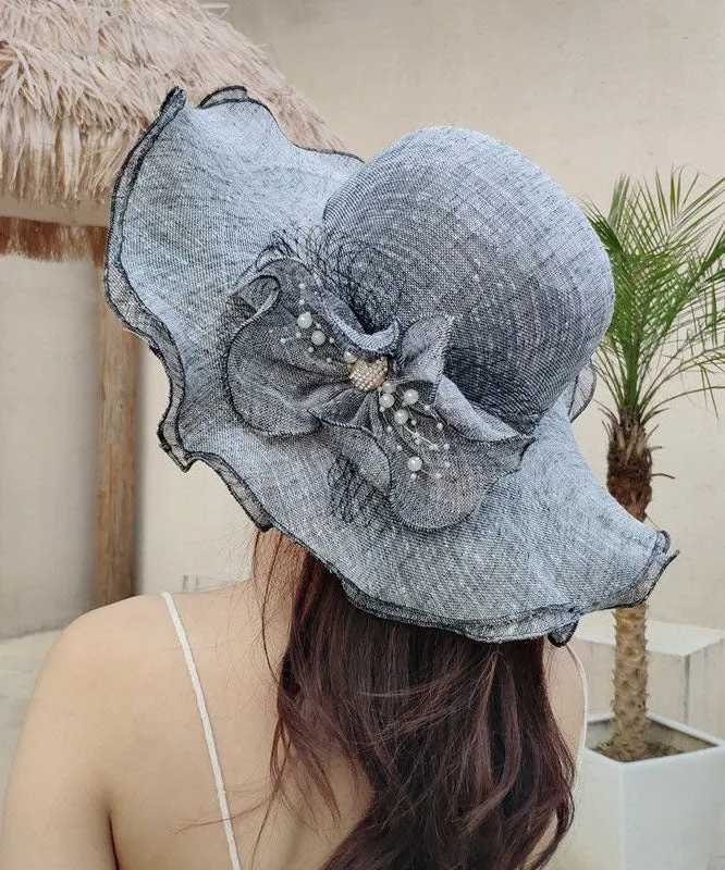 Stylish Blue Floral Nail Bead Linen Floppy Sun Hat