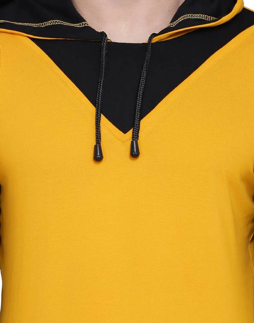 Stylish Cotton Blend Yellow Solid Hooded T-shirt For Men