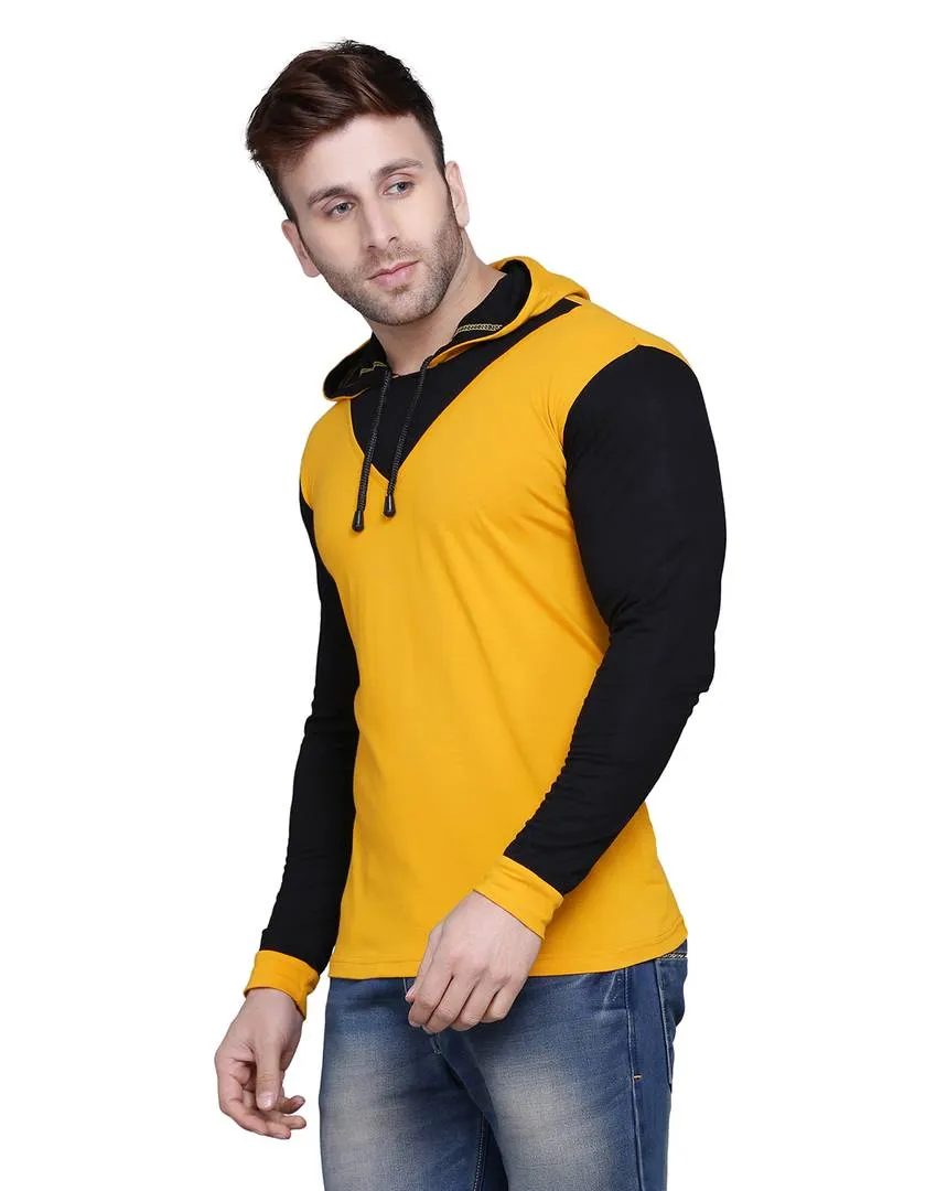 Stylish Cotton Blend Yellow Solid Hooded T-shirt For Men