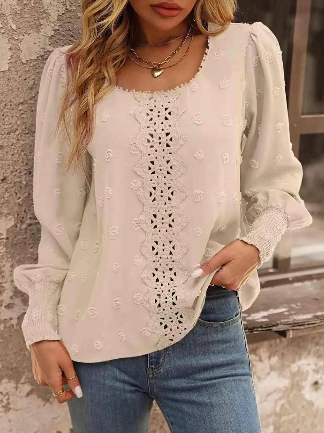 Stylish Women's Fashion: Swiss Dot Lace Detail Blouse