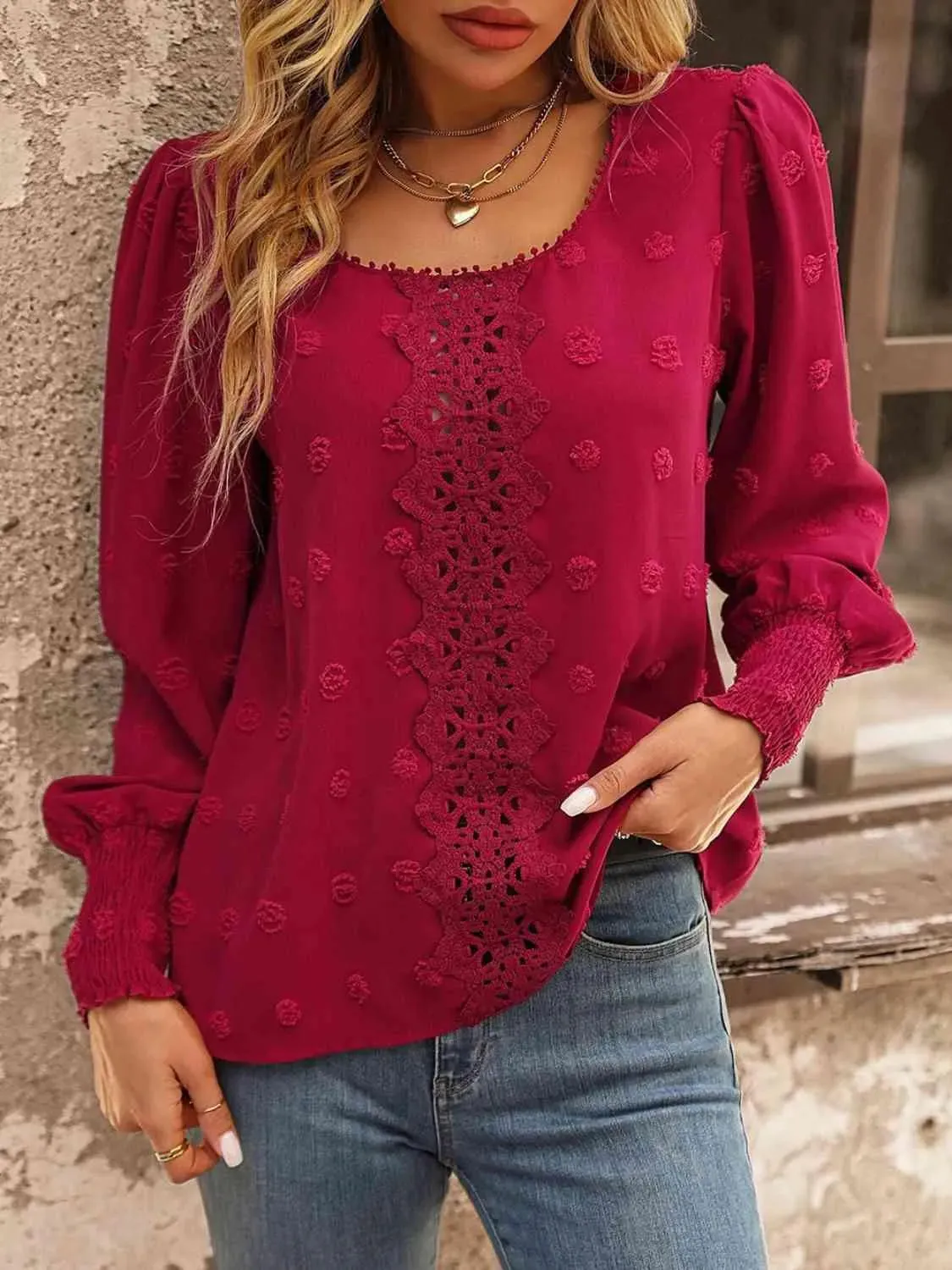 Stylish Women's Fashion: Swiss Dot Lace Detail Blouse