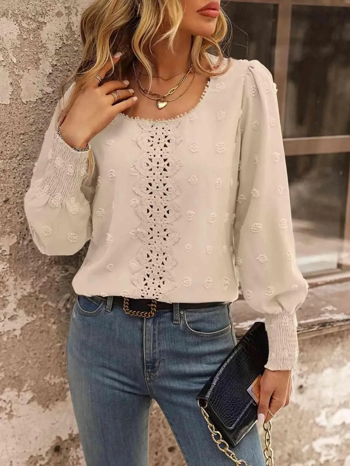 Stylish Women's Fashion: Swiss Dot Lace Detail Blouse