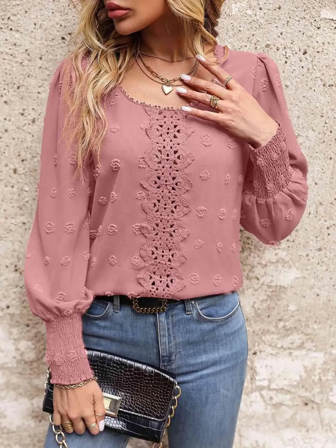 Stylish Women's Fashion: Swiss Dot Lace Detail Blouse