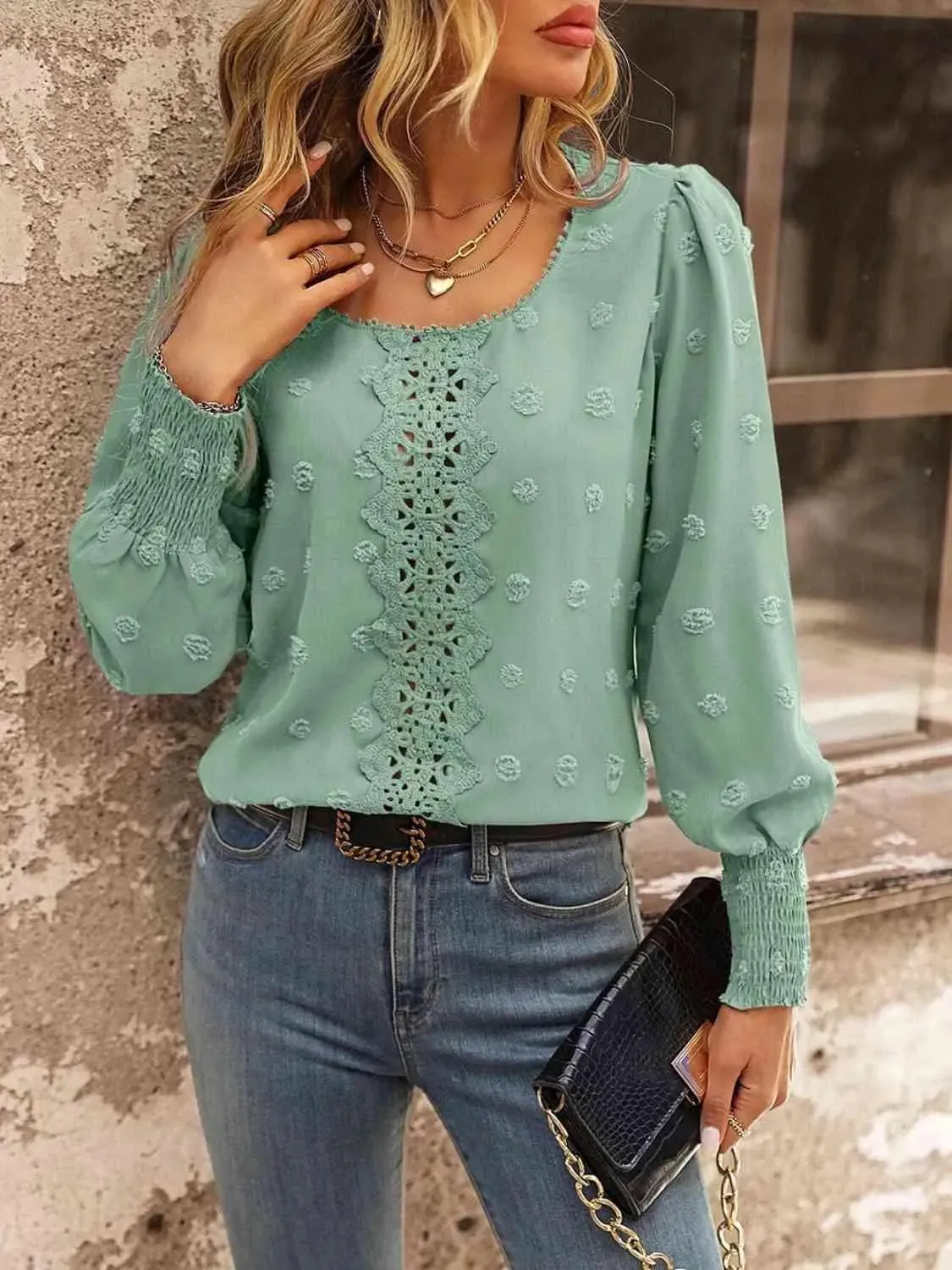 Stylish Women's Fashion: Swiss Dot Lace Detail Blouse